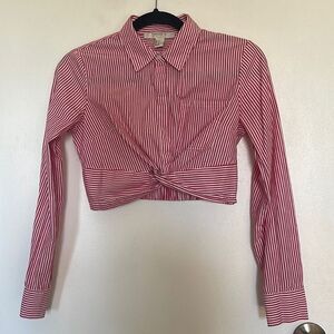 Red and White Striped Front Twist Button Up Crop Top